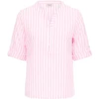 Pink and white striped women's blouse with three-quarter sleeves and a V-neckline.