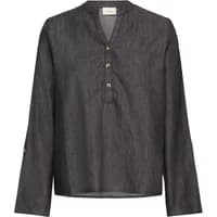Dark gray women's blouse by fransa Frvilda, long sleeves, V-neck with button detail, lightweight fabric.