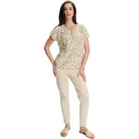 Beige floral Greenpoint women's blouse with short sleeves and a round neckline.