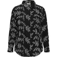 Black women's blouse with white leaf pattern, long sleeves, and a collared neckline by KAFFE Curve.