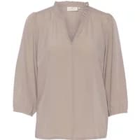 Beige women's blouse KAFFE Katja with V-neck, 3/4 sleeves, and subtle pleats on the shoulders.
