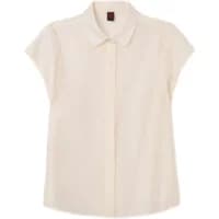 Cream short-sleeve women's blouse by Stefanel with a classic collar and button-down front.