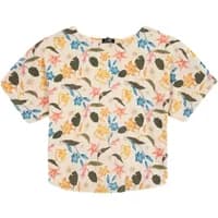 Floral women's blouse TBS Gyselron with short sleeves, featuring multicolored leaves and flowers on a cream background.