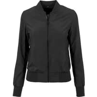 Black women's bomber jacket by Build Your Brand, featuring a front zipper, ribbed cuffs, and collar.