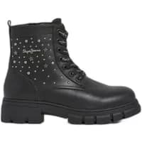 Black leather women's boots with chunky sole, lace-up front, star studs, and Pepe Jeans logo.