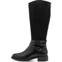 Black knee-high women's boots with block heel, buckle straps, and smooth leather finish.