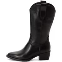 Black leather women's boots Tamaris 1-25701-41 with mid-calf height, block heel, and pull-on tabs.