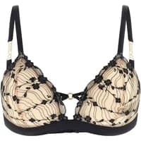 Black and beige Guess Cameron women's bra with floral lace overlay and adjustable straps.