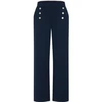 Navy women's button trousers by b.young with wide legs and two rows of silver buttons on the front.