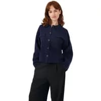 Navy blue women's cardigan by Artlove Chloee, button-up front, long sleeves, and two chest pockets.