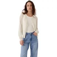 Cream Artlove Daresia women's cardigan, lightweight knit, long sleeves, open front, worn over white top and jeans.