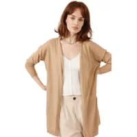 Beige women's cardigan by Artlove Illina, open front, long sleeves, lightweight knit.