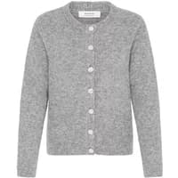 Gray women's cardigan by b.young Minna, featuring a round neckline and front button closure.