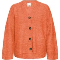 Orange women's cardigan by Ichi, featuring a V-neck, button-up front, and ribbed cuffs.