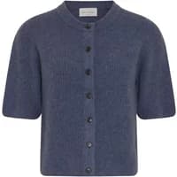 Blue women's cardigan by Moss Copenhagen, short sleeves, round neckline, button-up front.