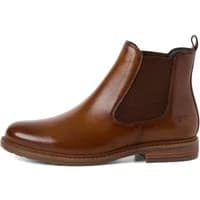 Brown leather Chelsea boot with elastic side panels, pull tab, and low stacked heel.
