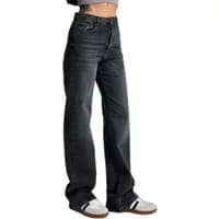 Women's Classic Flexible Mid-Rise Straight Jeans in dark wash with a relaxed fit and traditional five-pocket styling.