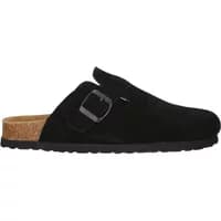 Black women's clogs Nou Corwin with cork sole, suede finish, and adjustable buckle strap.