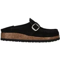 Black women's clogs Nou Emilian with suede finish, silver buckle, and cork-textured sole.