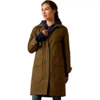 Brown women's coat Ariat Cloverfield with hood, front pockets, and buttoned cuffs.
