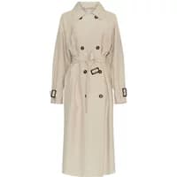 Beige women's trench coat by Moss Copenhagen, double-breasted with belt and buckle details.