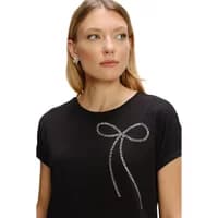 Black women's T-shirt by Greenpoint, featuring a silver bow design on the front, short sleeves, and a round neckline.