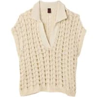 Cream crochet polo by Stefanel with short sleeves, open weave pattern, and ribbed collar and hem.