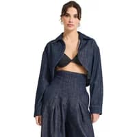 Women's dark blue crop denim jacket with wide collar and long sleeves by It's Basic.
