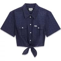 Navy blue women's crop shirt by Guess, short sleeves, button-up front, two chest pockets, and tie-front detail.