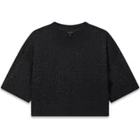 Black women's crop T-shirt by Guess with rhinestone embellishments and short sleeves.