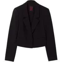 Black women's cropped blazer by Stefanel with notched lapels and single-button closure.
