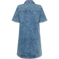 Denim dress by KAFFE Curve, short sleeves, collar, faded blue wash, knee-length, back view.