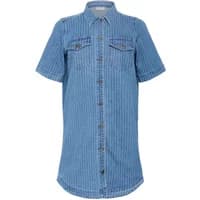Blue denim dress with short sleeves, button-down front, and chest pockets by KAFFE Curve.