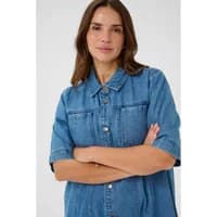 Women's denim dress KAFFE Curve KCvalia, button-up front, short sleeves, chest pockets, and a relaxed fit.
