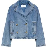 Women's denim jacket by b.Young, double-breasted with large buttons, wide lapels, and a slightly cropped fit.