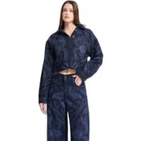 Women's denim jacket with rhinestone print, dark blue, button-up front, long sleeves, and pointed collar.