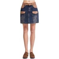 Women's denim mini skirt with tan pockets and belt loops, by It's Basic.