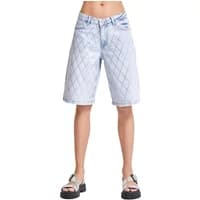 Women's light blue denim shorts with rhinestone grid pattern and frayed hem.