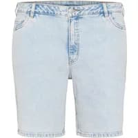 Light blue denim shorts with a high waist, button closure, and front pockets by KAFFE Curve.