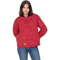 Red women's down jacket with quilted pattern, front zipper, and side pockets by Bombers Original.
