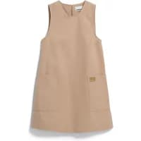 Tan sleeveless canvas dress by ARMEDANGELS with front pockets and a straight cut.