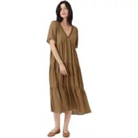Brown Artlove Deliane women's dress with short sleeves, V-neck, and tiered skirt.