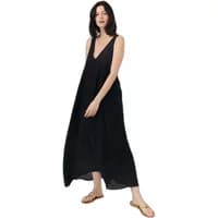 Black sleeveless maxi dress with V-neckline, loose fit, worn by a woman with sandals.