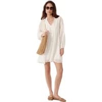 White Artlove Ismera women's dress with long sleeves, V-neck, and relaxed fit.