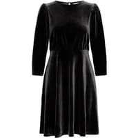 Black velvet women's dress with long sleeves and a fitted waist, featuring a round neckline and knee-length hem.