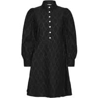 Black b.young Desmora women's dress with puffed sleeves, high collar, button front, and diamond pattern.