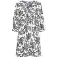 Black and white paisley print women's dress, b.young Haisley, with three-quarter sleeves and a V-neckline.