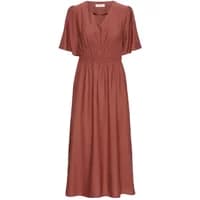 Rust-colored b.Young Iggy women's dress with short sleeves, V-neck, and gathered waist.