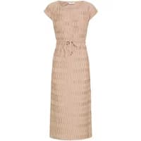 Beige b.Young Uvika women's dress with short sleeves, waist tie, and subtle textured pattern.