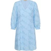 Light blue women's dress with V-neck, long puff sleeves, and floral textured pattern.
